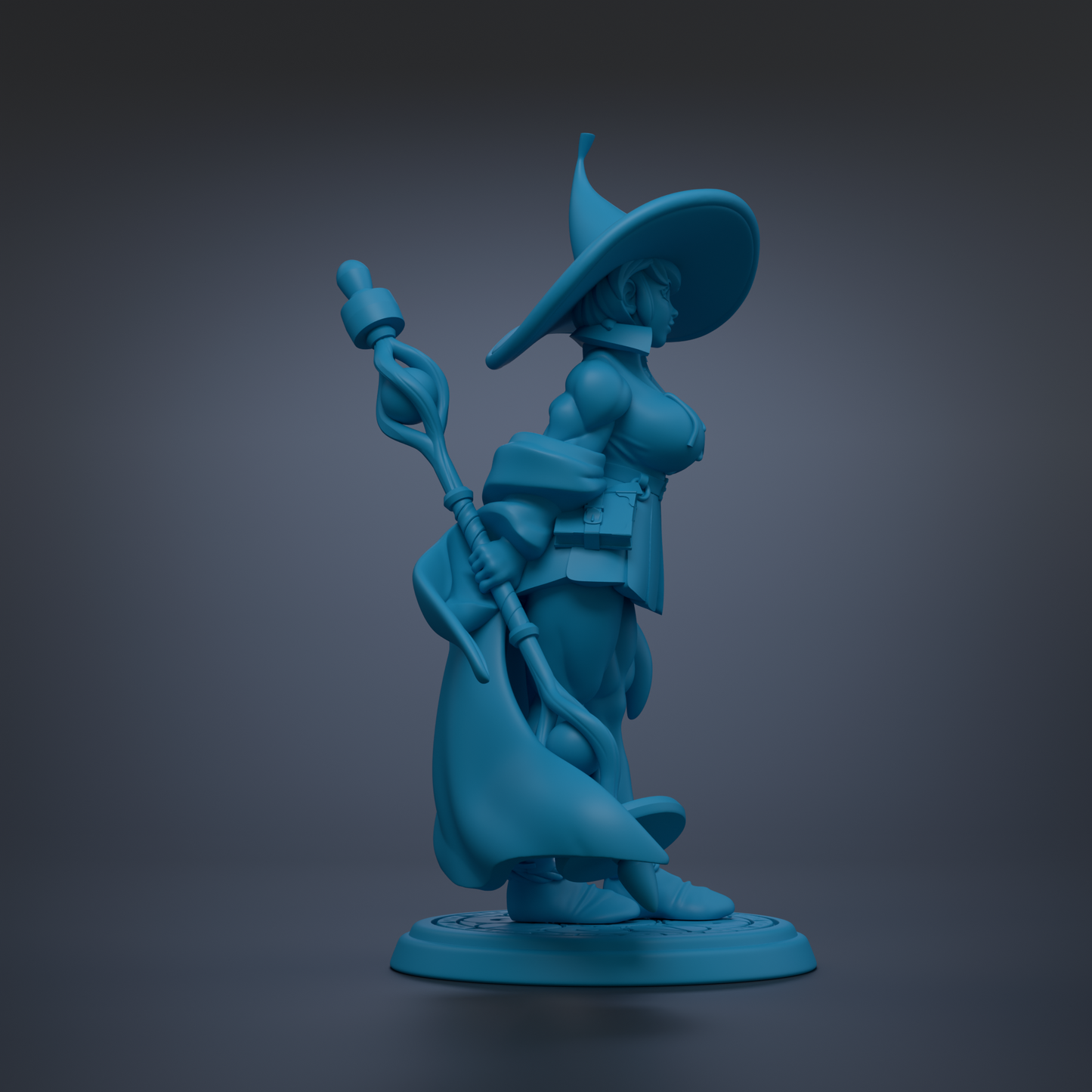 A blue 3D model of a female character wearing a pointed hat and holding a staff, standing on a platform against a dark background.