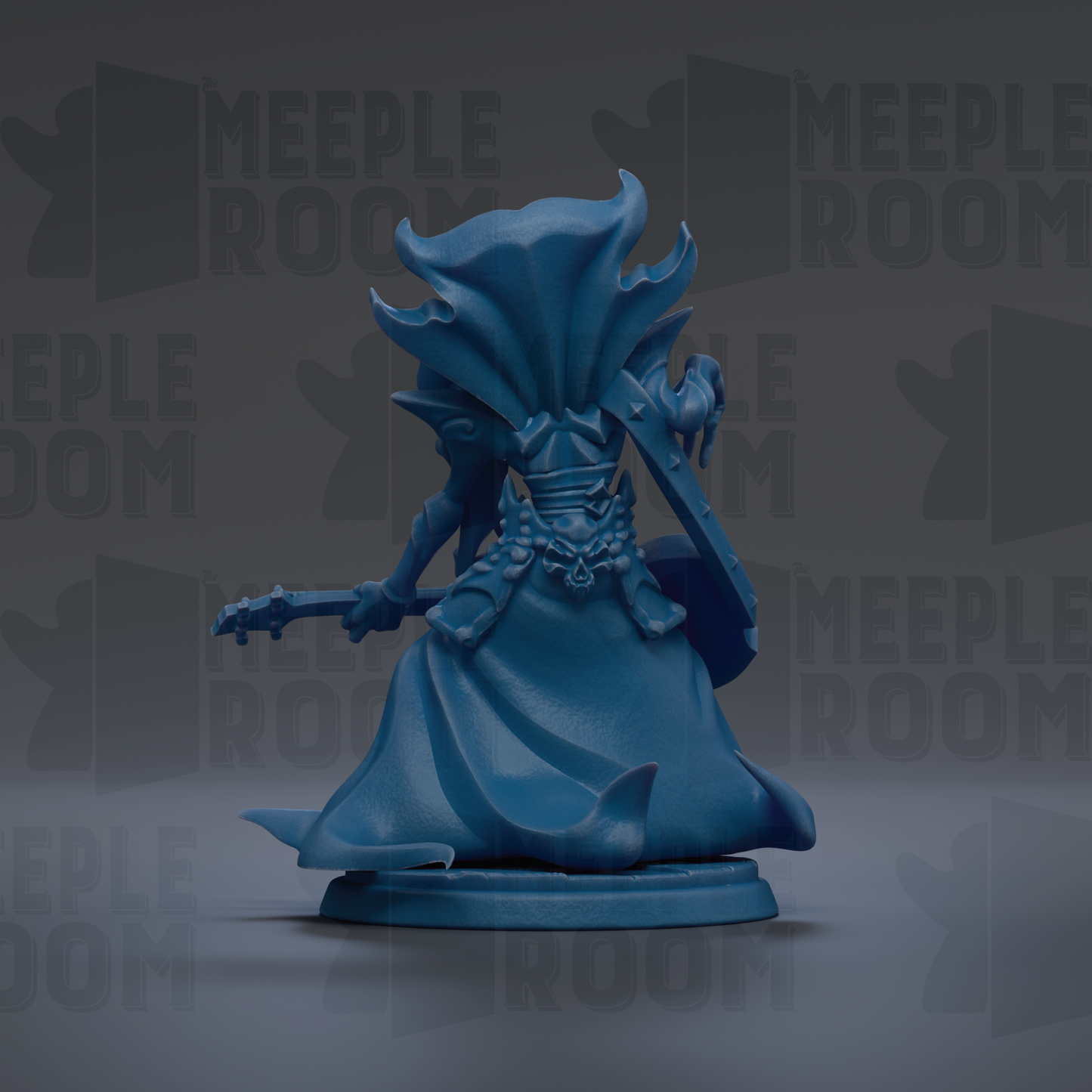 A blue figurine of a fantastical creature with a flowing robe and a large headdress, standing on a pedestal against a dark background with repeated text.