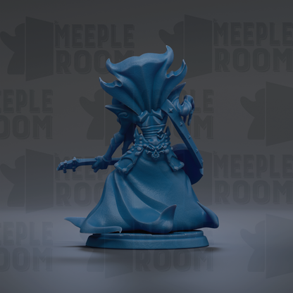 A blue figurine of a fantastical creature with a flowing robe and a large headdress, standing on a pedestal against a dark background with repeated text.