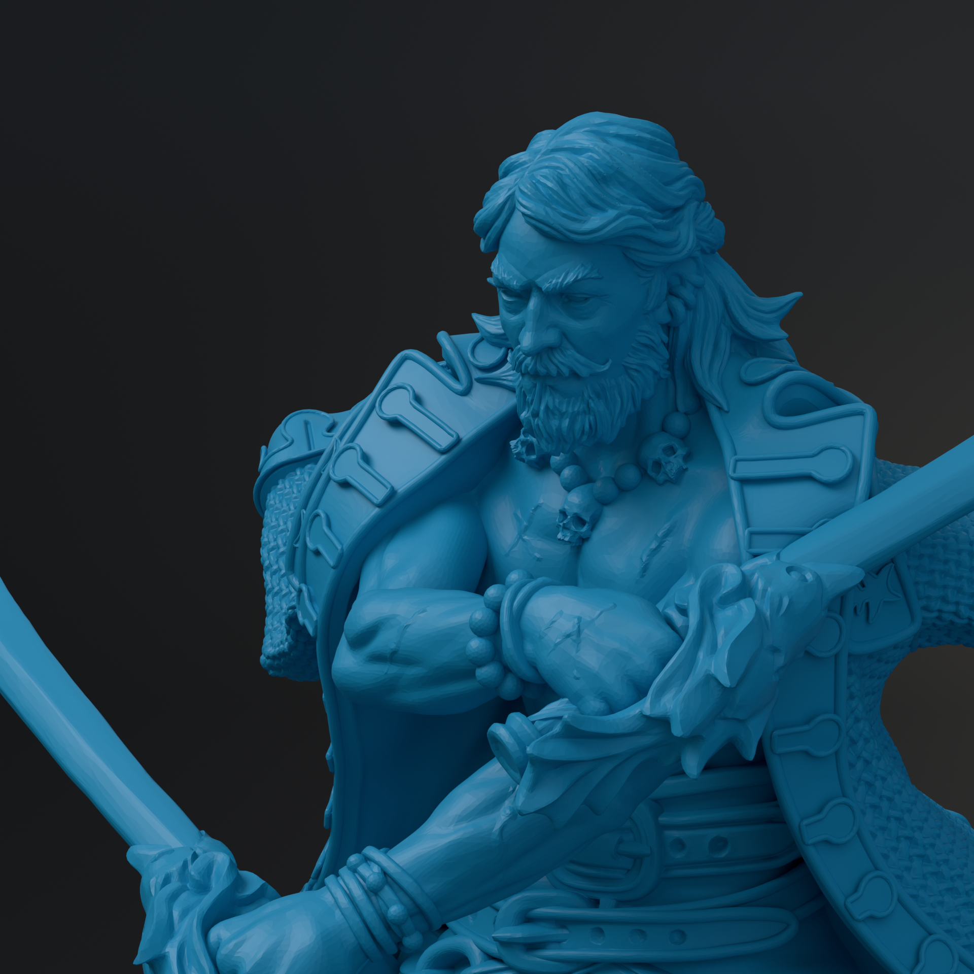 A blue 3D model of a muscular, bearded man with a serious expression, holding a sword and wearing a decorative outfit.