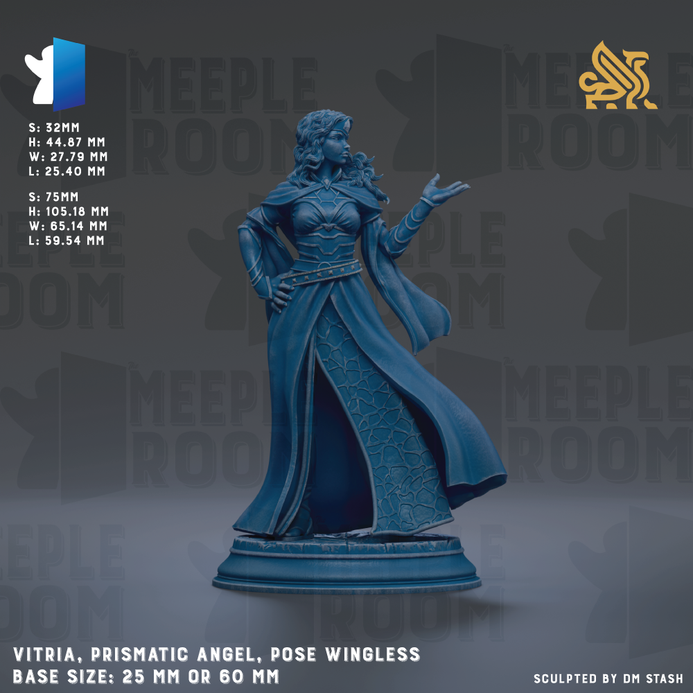 a blue statue of a woman with long hair and a flowing dress, posed in a wingless pose. The statue is described as a "prismatic angel" and is shown in a wingless pose. The base size of the statue is either 25mm or 60mm. The image is a collage of multiple images, and the phrase "The image depicts" is not used.