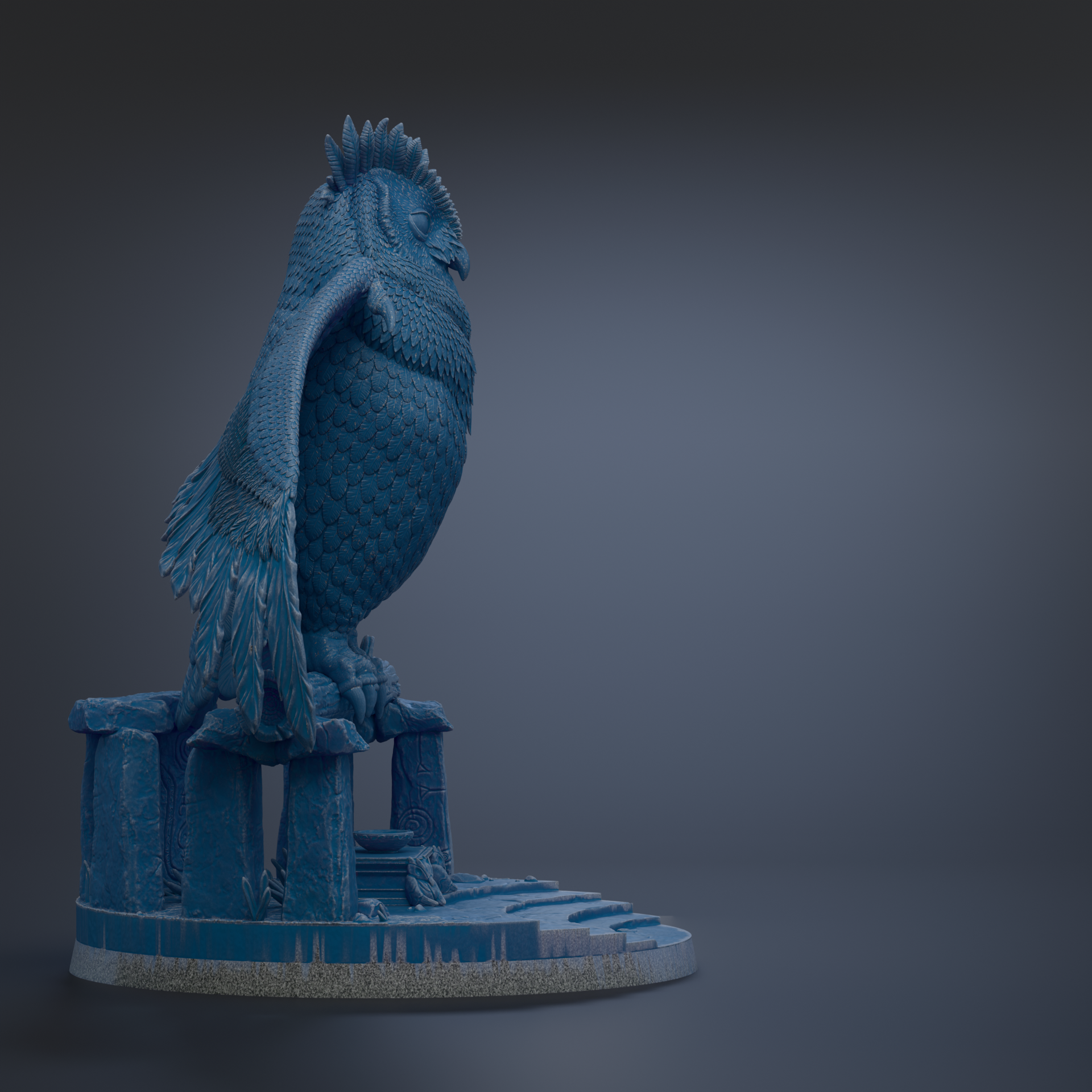 A blue bird statue perched on a pedestal against a dark background.