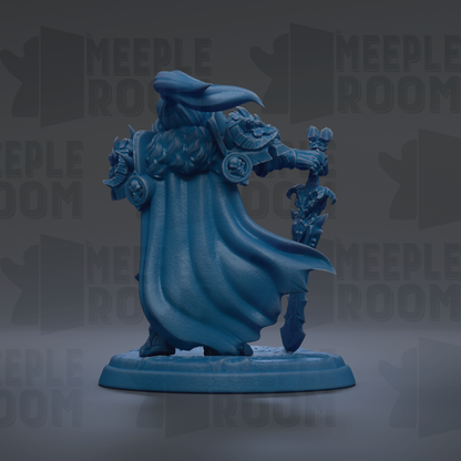 A blue figurine of a person holding a sword and shield, standing on a base.