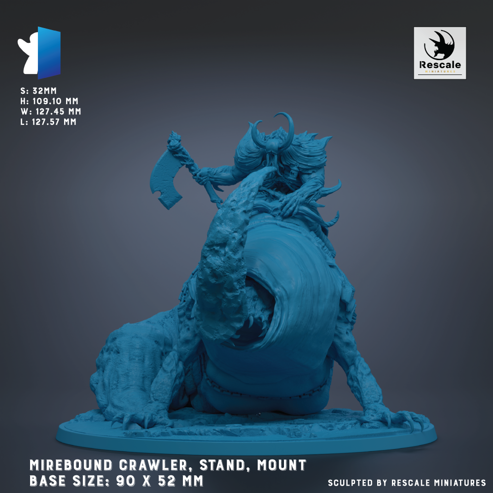The image is a detailed miniature of a Mirebound Crawler, a type of fantasy creature, with a large, open mouth and a curled tail. The creature is mounted on a stand and appears to be in a crouched position. The image is described as a base size: 90 x 52 mm, and it is sculpted by Rescale miniatures.