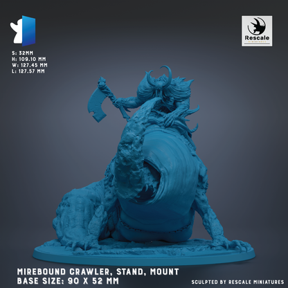 The image is a detailed miniature of a Mirebound Crawler, a type of fantasy creature, with a large, open mouth and a curled tail. The creature is mounted on a stand and appears to be in a crouched position. The image is described as a base size: 90 x 52 mm, and it is sculpted by Rescale miniatures.
