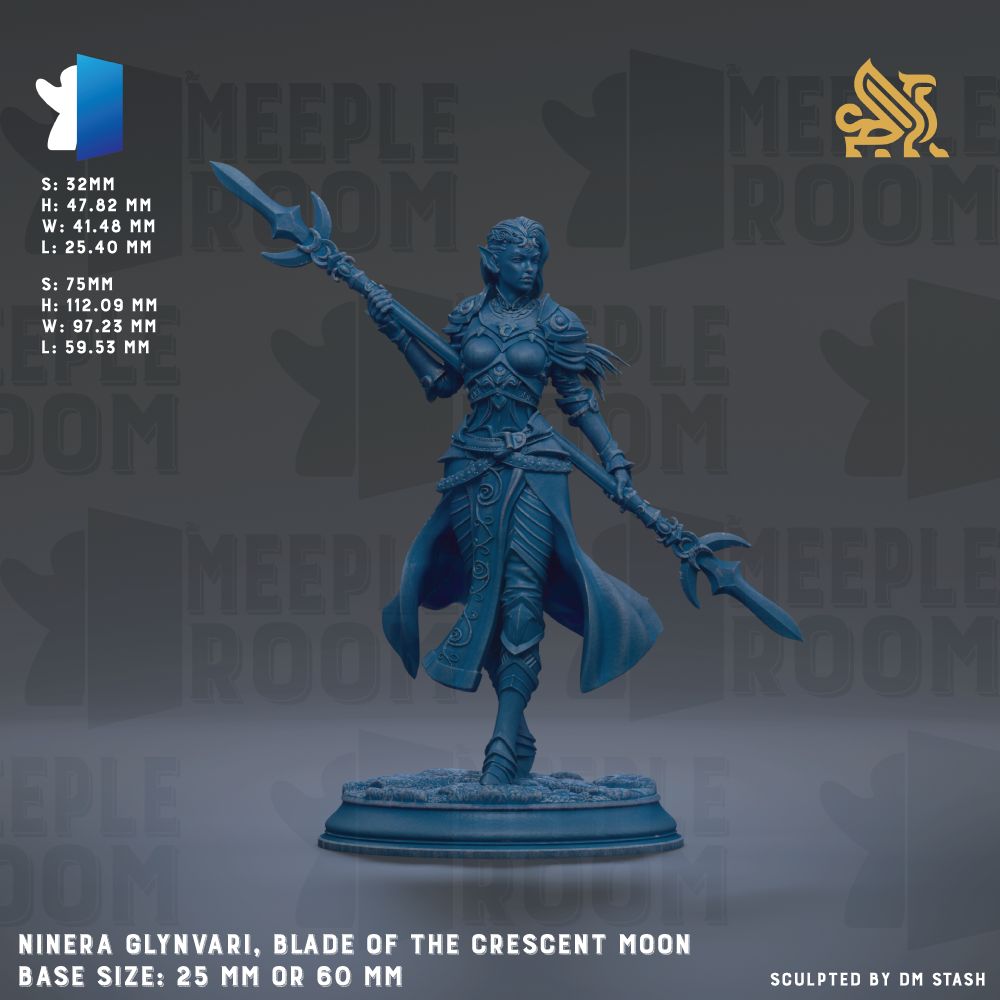 a blue figurine of a warrior standing on a base, holding a sword and shield, with a design that resembles a dragon or mythical creature. The figurine is described as a "Ninera Glynvari, Blade of the Crescent Moon" and is shown in a size of 25mm or 60mm. The background of the image is a dark gray color, and there is text that provides information about the figurine, including its base size and the sculptor.