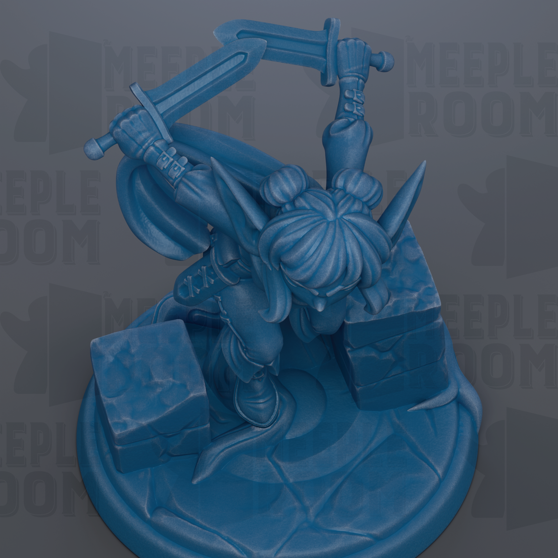 A blue figurine of a character holding a sword and shield, standing on a platform with a stone base.