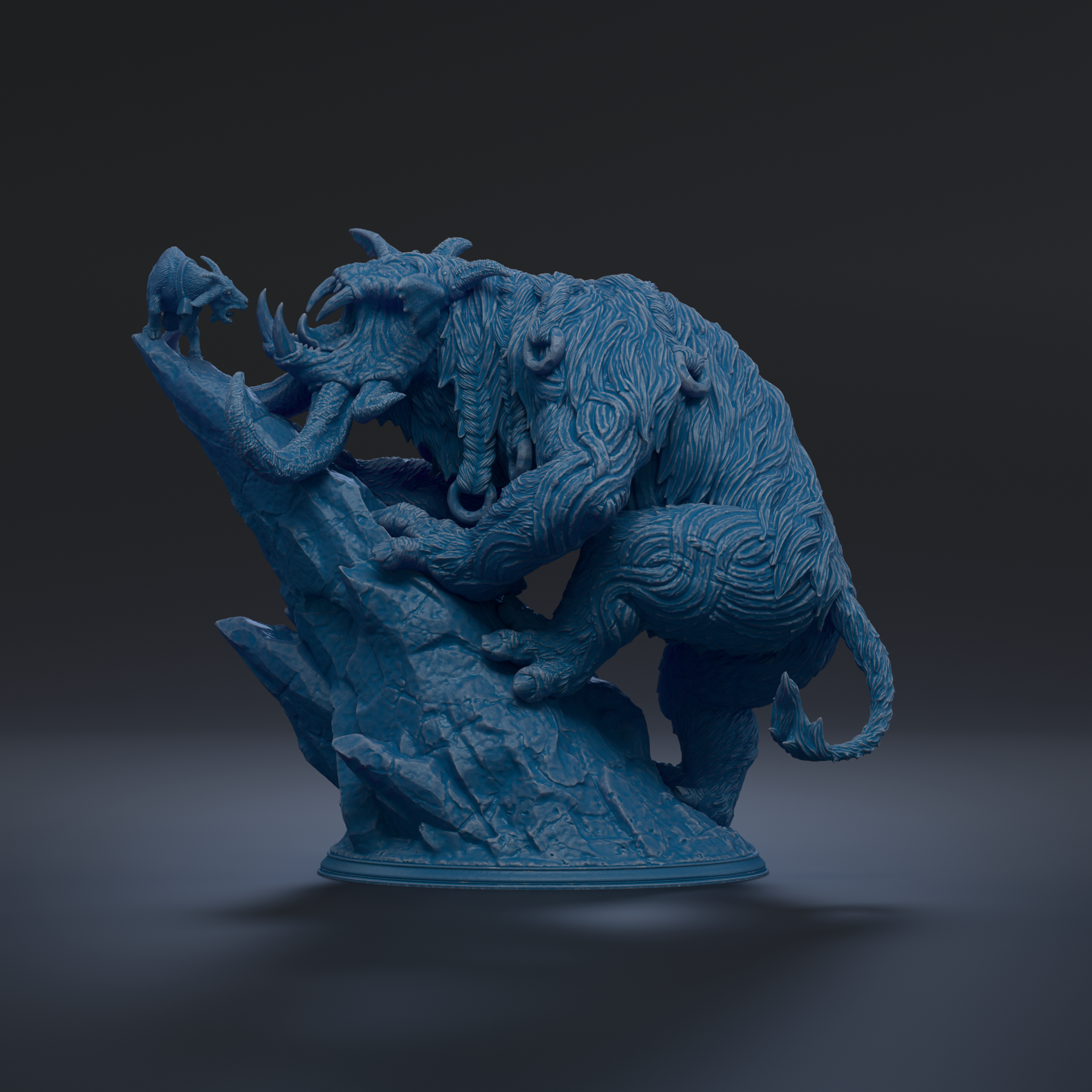 A blue, 3D-rendered statue depicting a fantastical creature with intricate, textured features, standing on a rock formation.