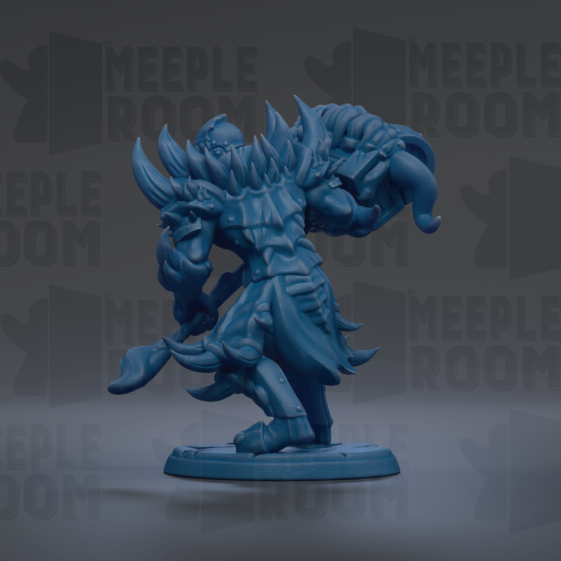 A blue, armored fantasy character with sharp teeth and claws, standing on a base and holding a weapon.