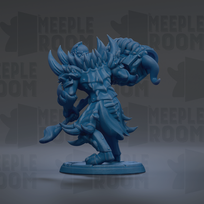 A blue, armored fantasy character with sharp teeth and claws, standing on a base and holding a weapon.