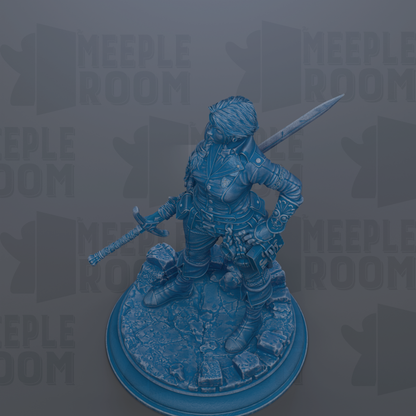 A blue statue of a warrior figure holding a sword and shield, standing on a rocky base.