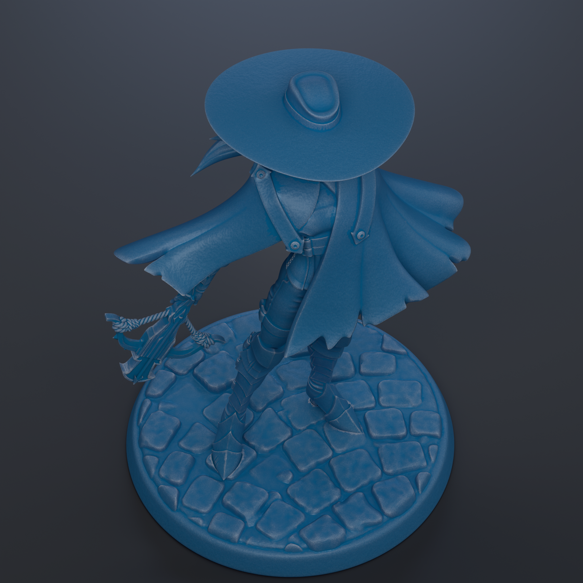 A blue statue of a person wearing a hat and holding a sword, standing on a circular base.