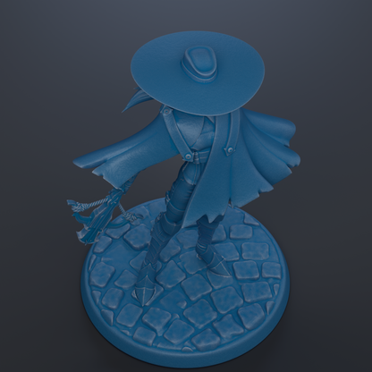 A blue statue of a person wearing a hat and holding a sword, standing on a circular base.