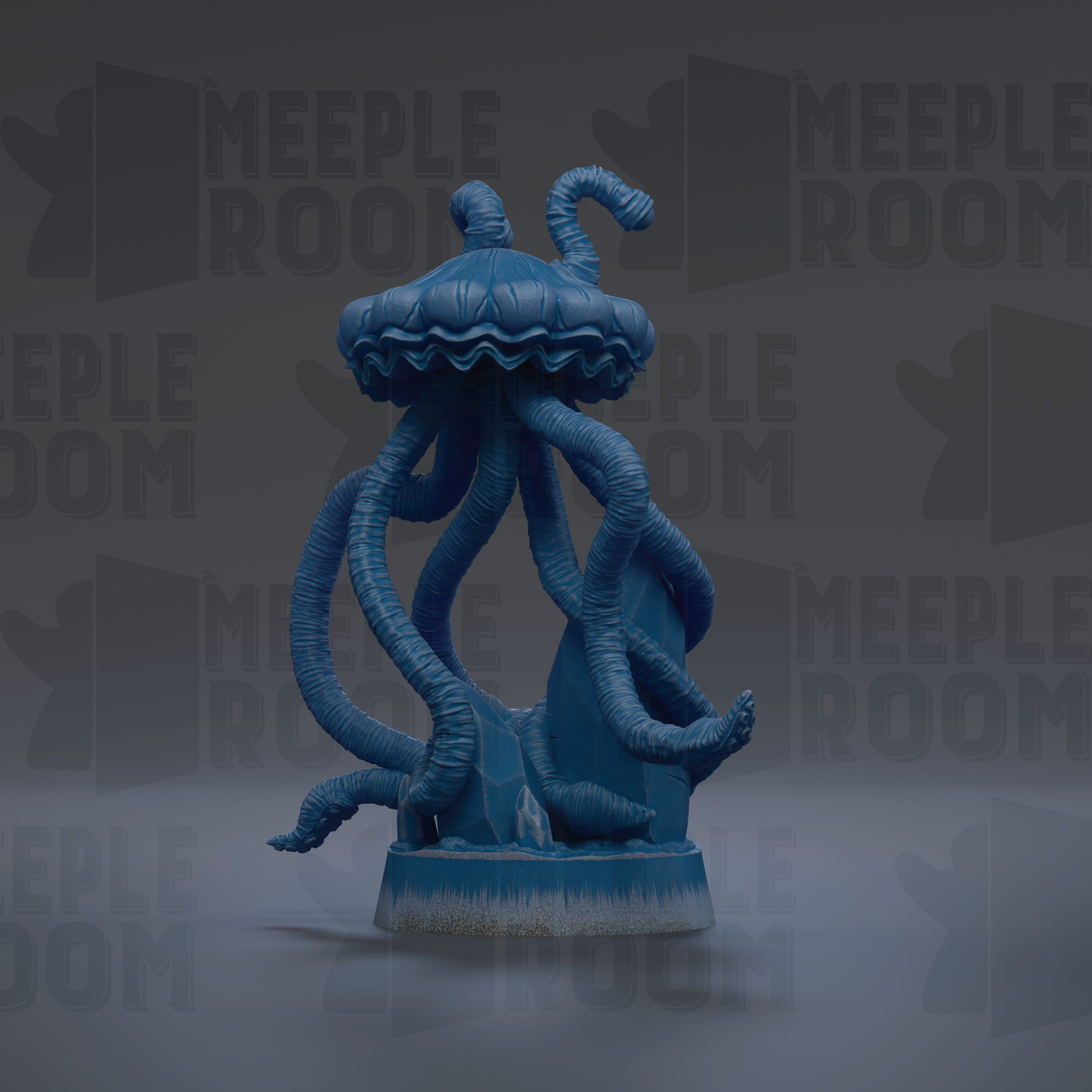 A blue, jellyfish-like sculpture with long, coiled tentacles stands prominently against a dark background with repeated "MEUPLE ROOM" text.