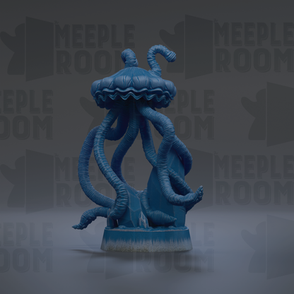 A blue, jellyfish-like sculpture with long, coiled tentacles stands prominently against a dark background with repeated "MEUPLE ROOM" text.