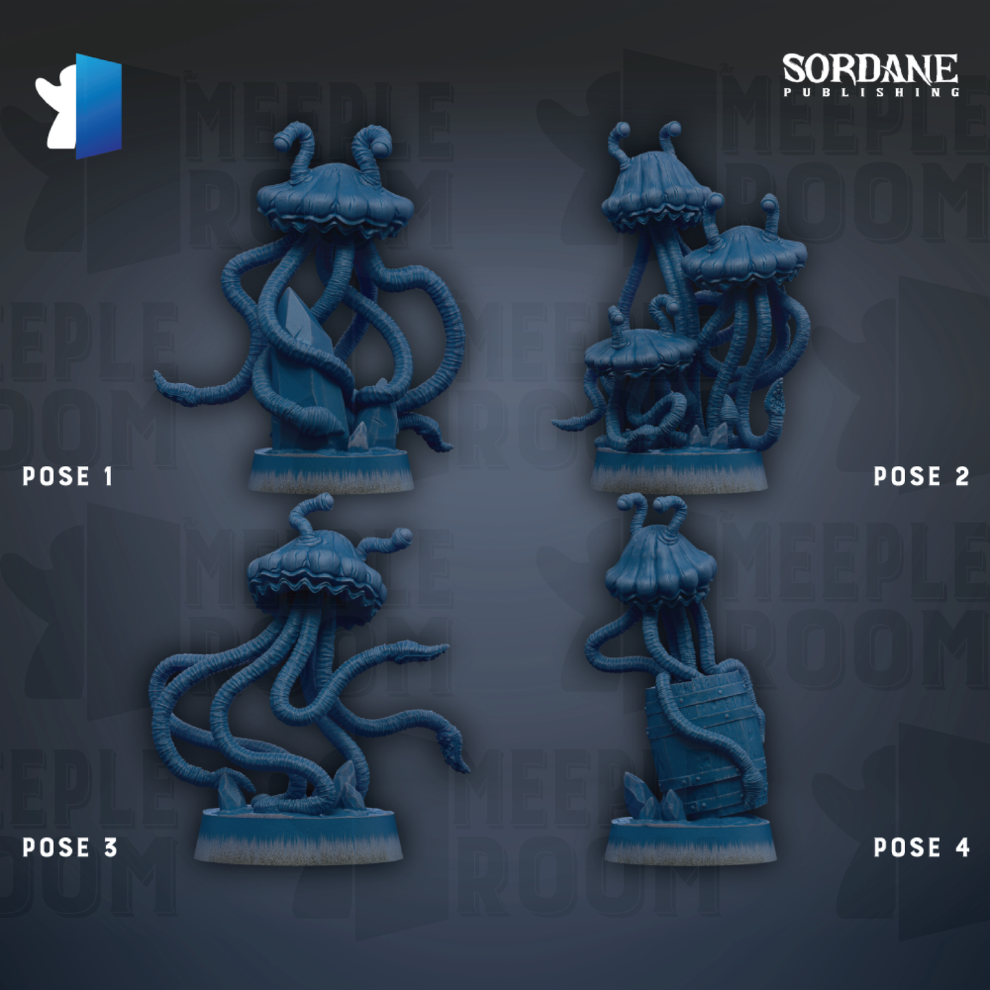 four blue, octopus-like figurines arranged in a grid-like pattern against a dark background.