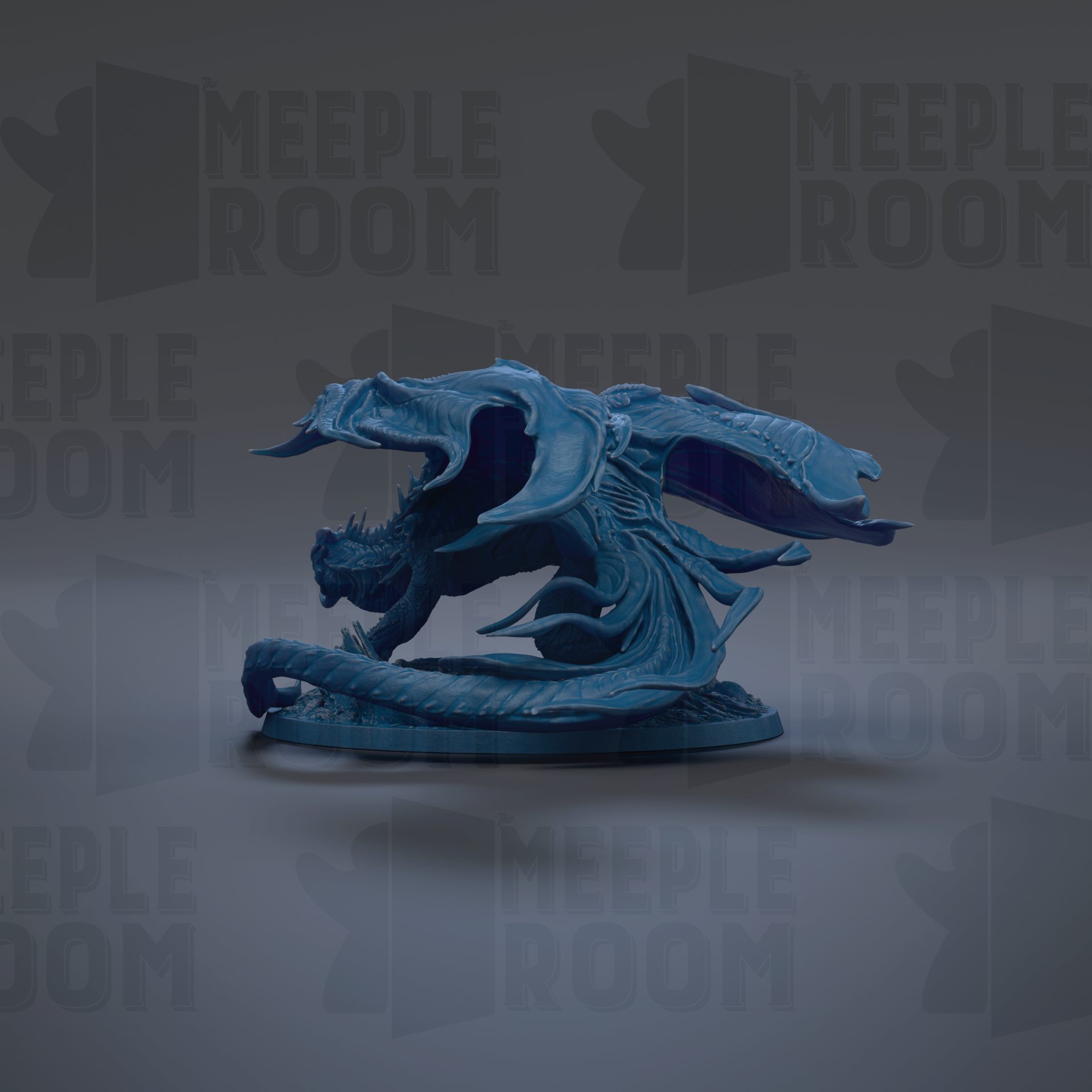 A blue dragon figurine is displayed against a dark background with repeated text.