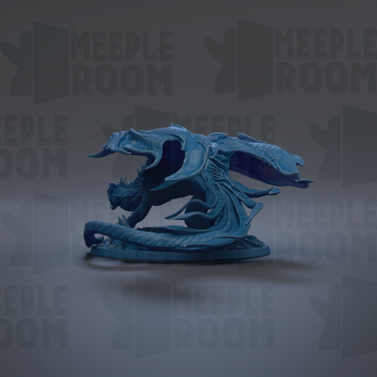 A blue dragon figurine is displayed against a dark background with repeated text.