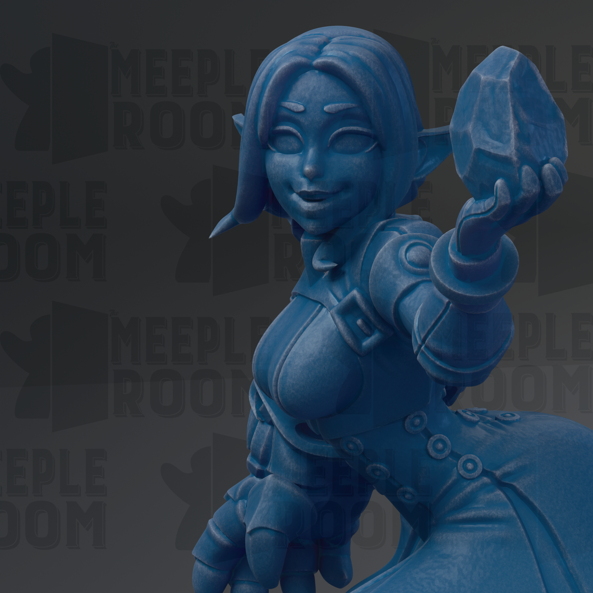 A close-up of a blue, cartoonish female character with a serious expression, holding a large blue object in her hand.