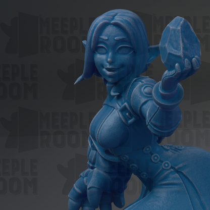 A close-up of a blue, cartoonish female character with a serious expression, holding a large blue object in her hand.