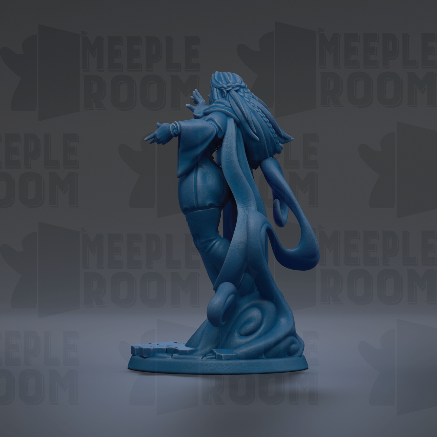 A blue figurine of a woman with long hair and a flowing robe, standing on a base and facing away from the camera.