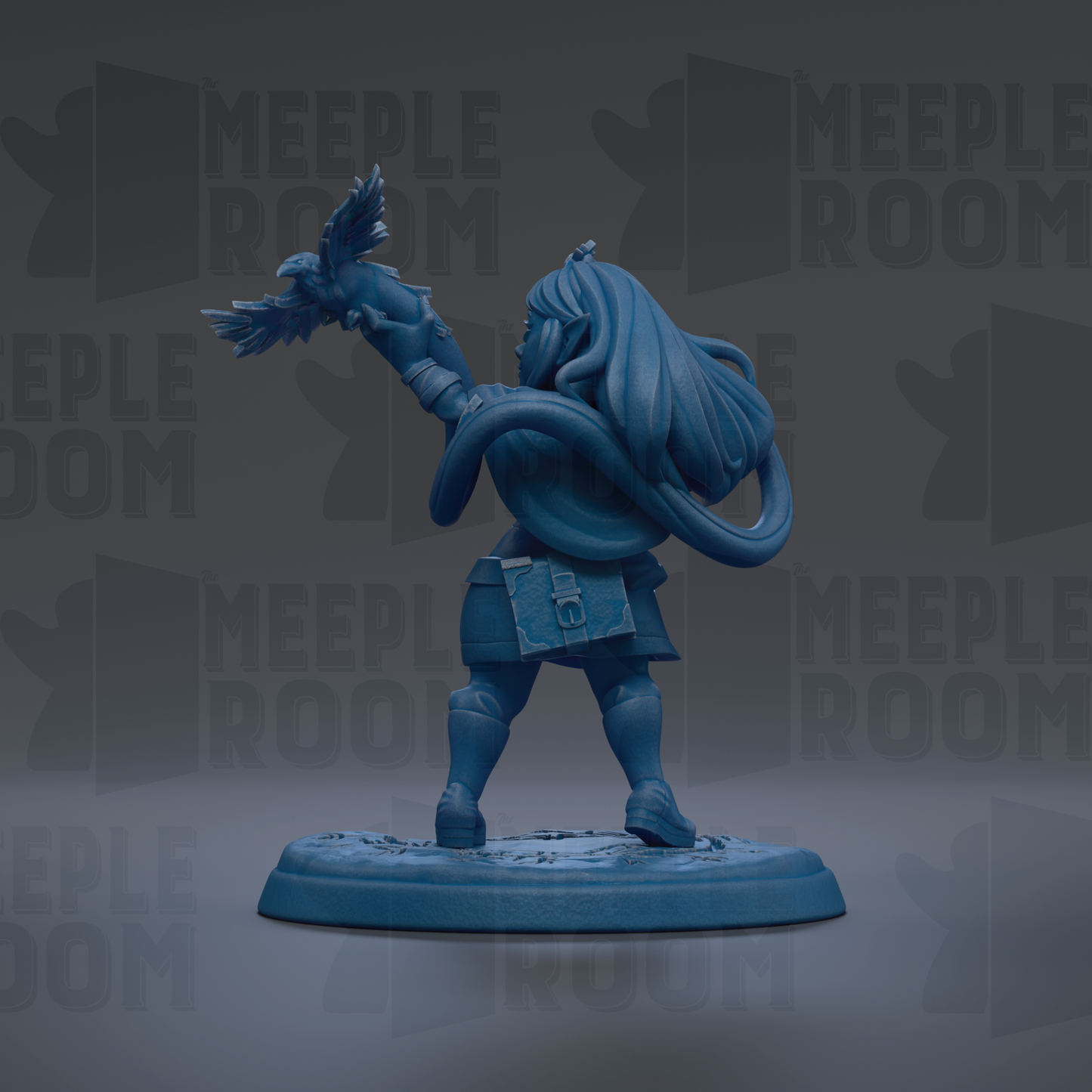 A blue figurine of a person holding a bird on their arm, standing on a base.