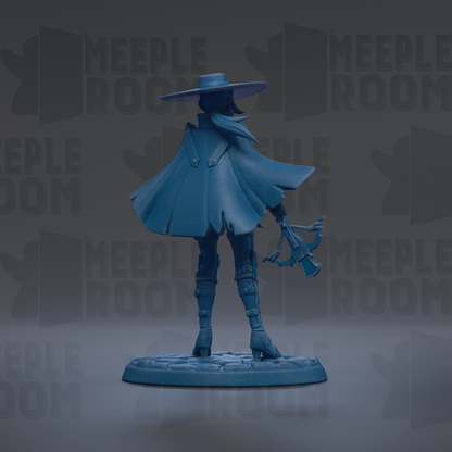 A blue figurine of a person wearing a hat and holding a crossbow stands on a base against a dark background with repeated text.