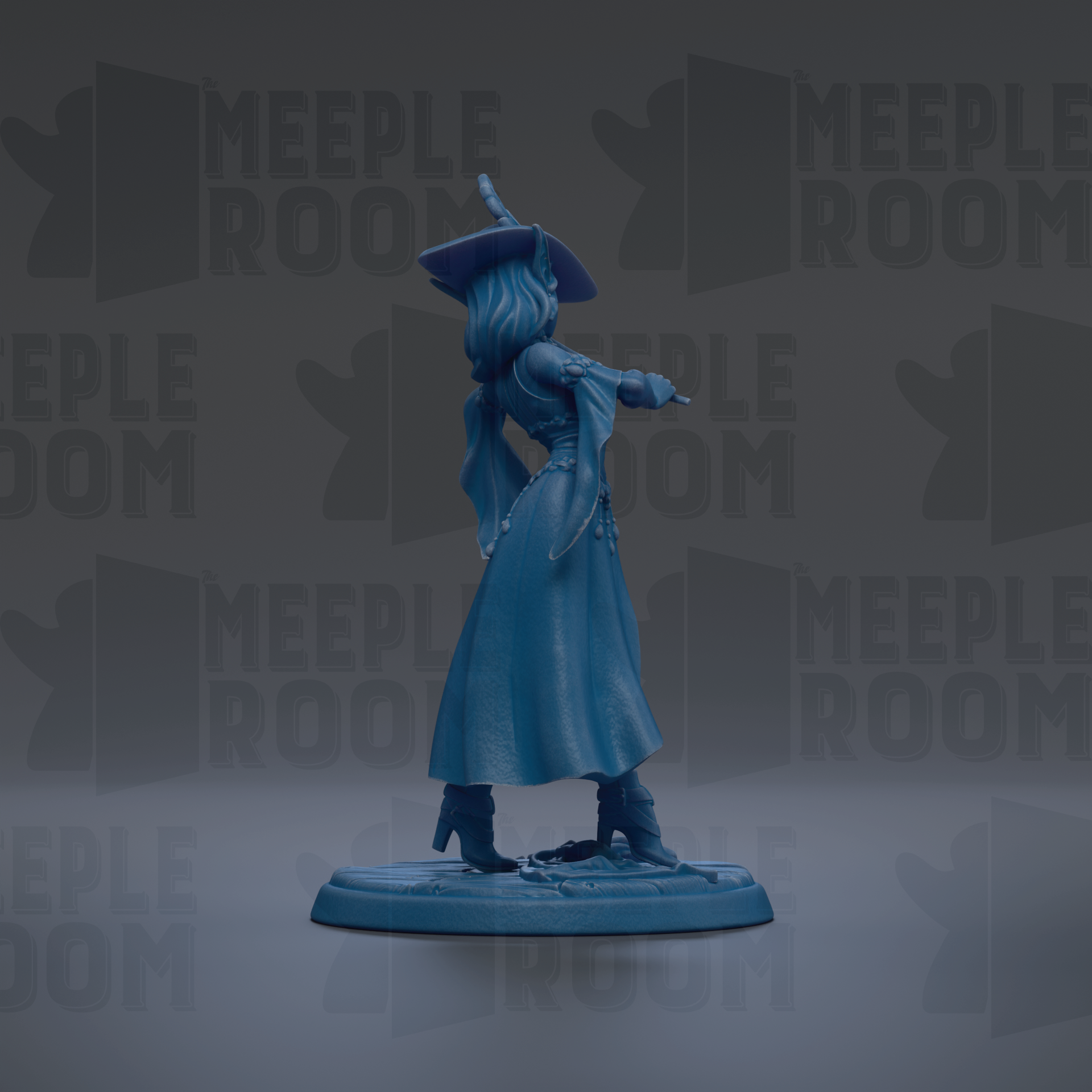 A blue figurine of a woman with a pointed hat and flowing dress stands on a base against a dark background with repeated "MEUPLE ROOM" text.