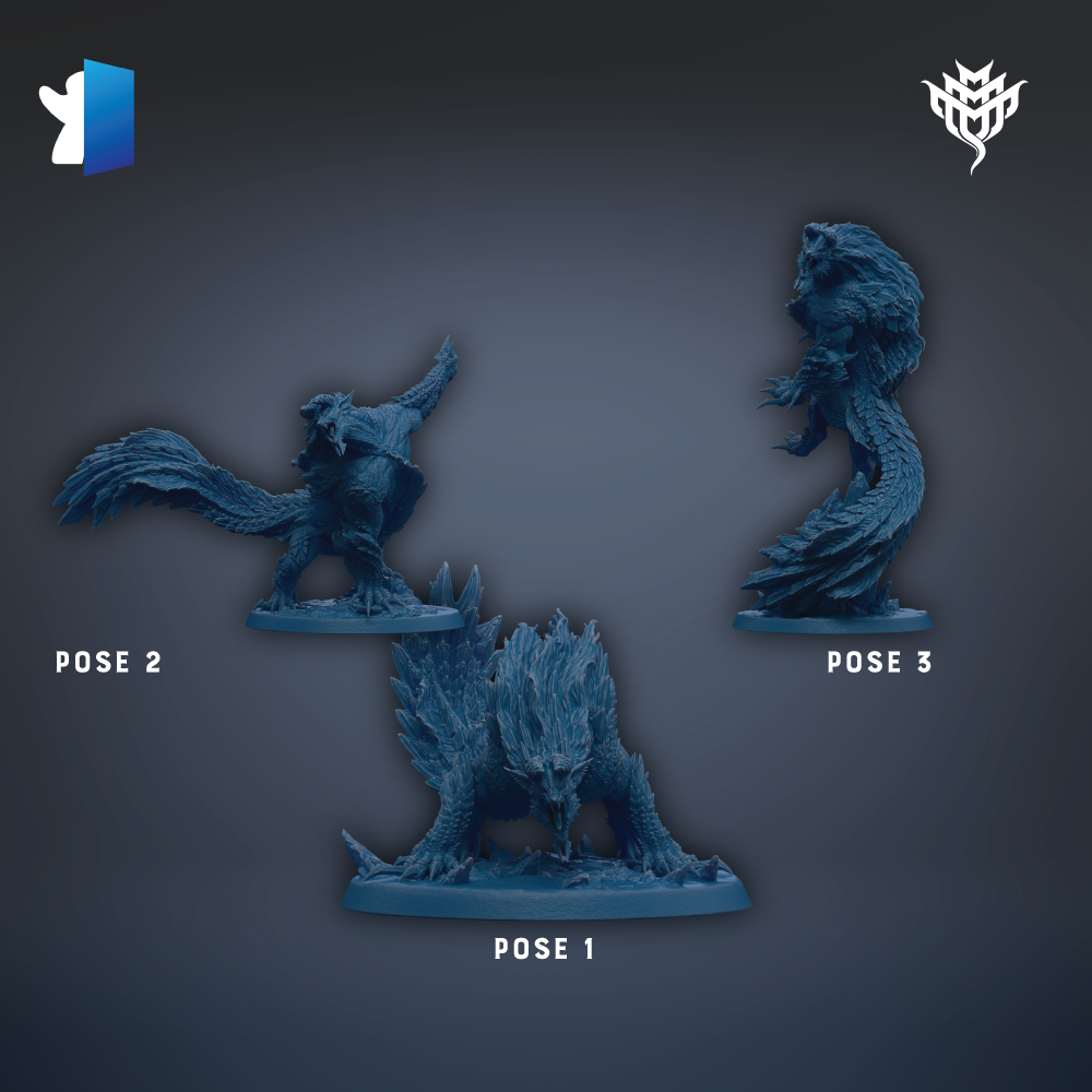 three blue figurines of fantastical creatures, each with a unique pose, arranged in a row against a dark background.