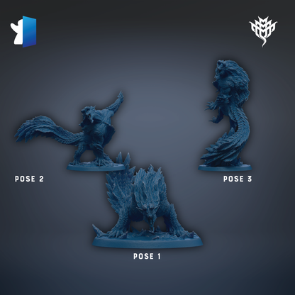 three blue figurines of fantastical creatures, each with a unique pose, arranged in a row against a dark background.
