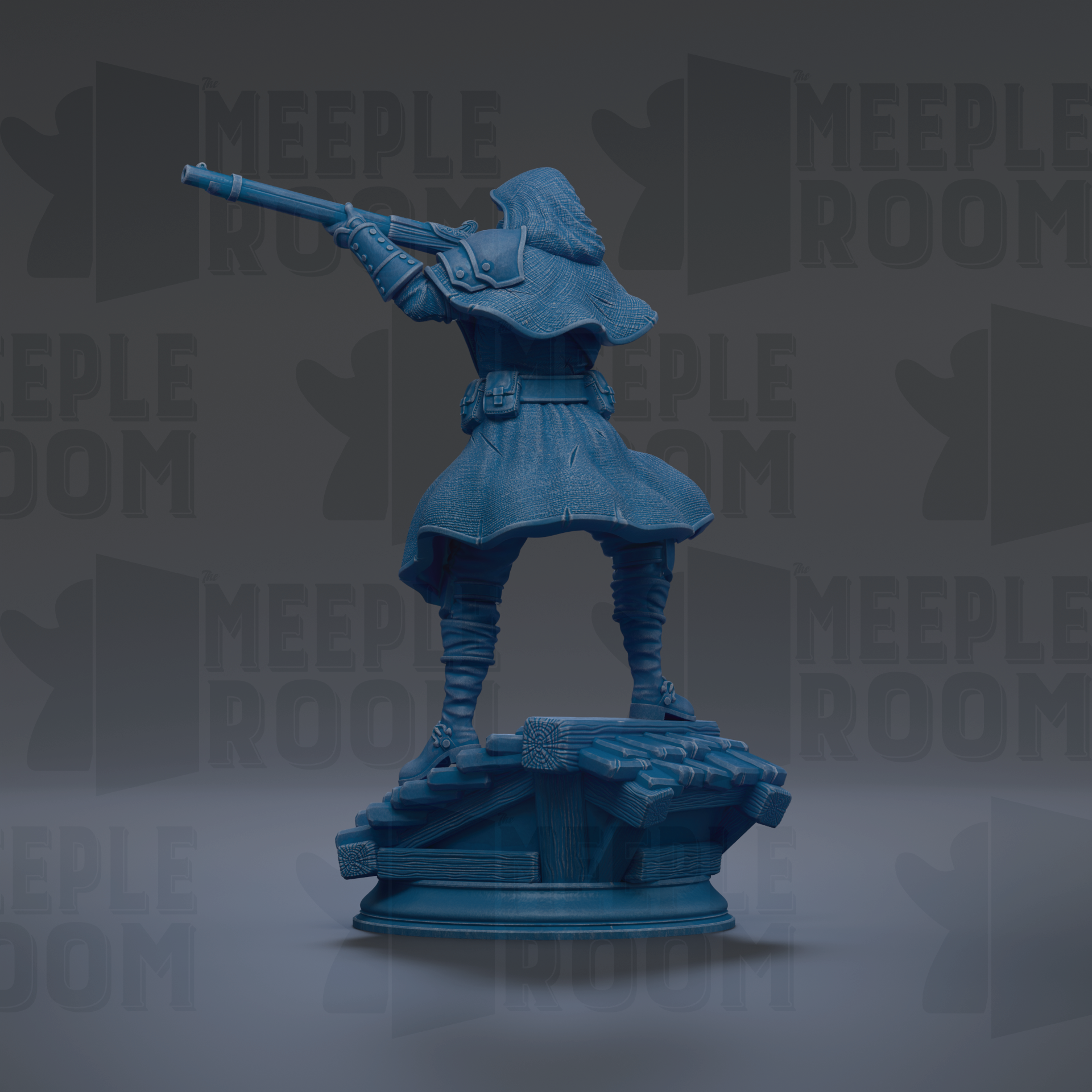 A blue 3D model of a character holding a gun, standing on a platform, and facing to the right.