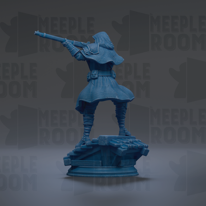 A blue 3D model of a character holding a gun, standing on a platform, and facing to the right.