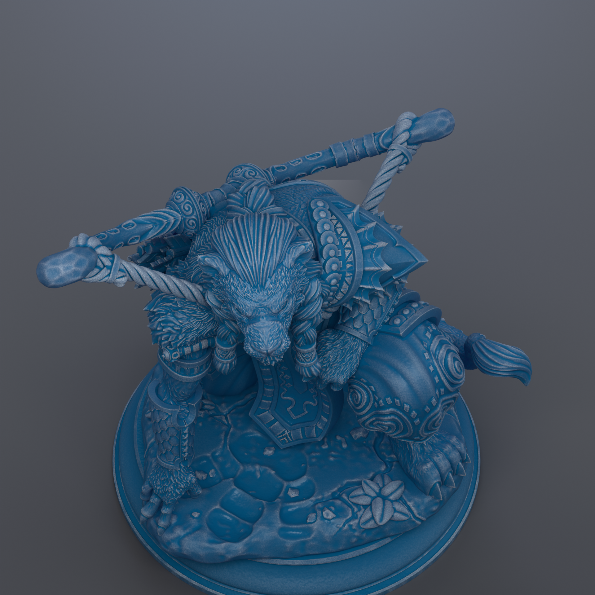 A detailed 3D rendering of a fantastical creature, possibly a dragon or serpent, with intricate patterns and designs covering its body.