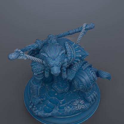 A detailed 3D rendering of a fantastical creature, possibly a dragon or serpent, with intricate patterns and designs covering its body.