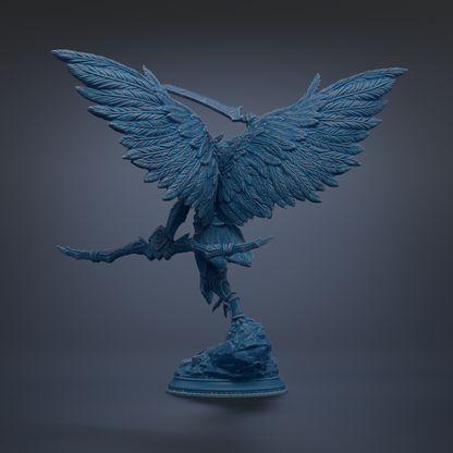 A detailed 3D rendering of a winged statue with a sword in its hand, set against a dark background.