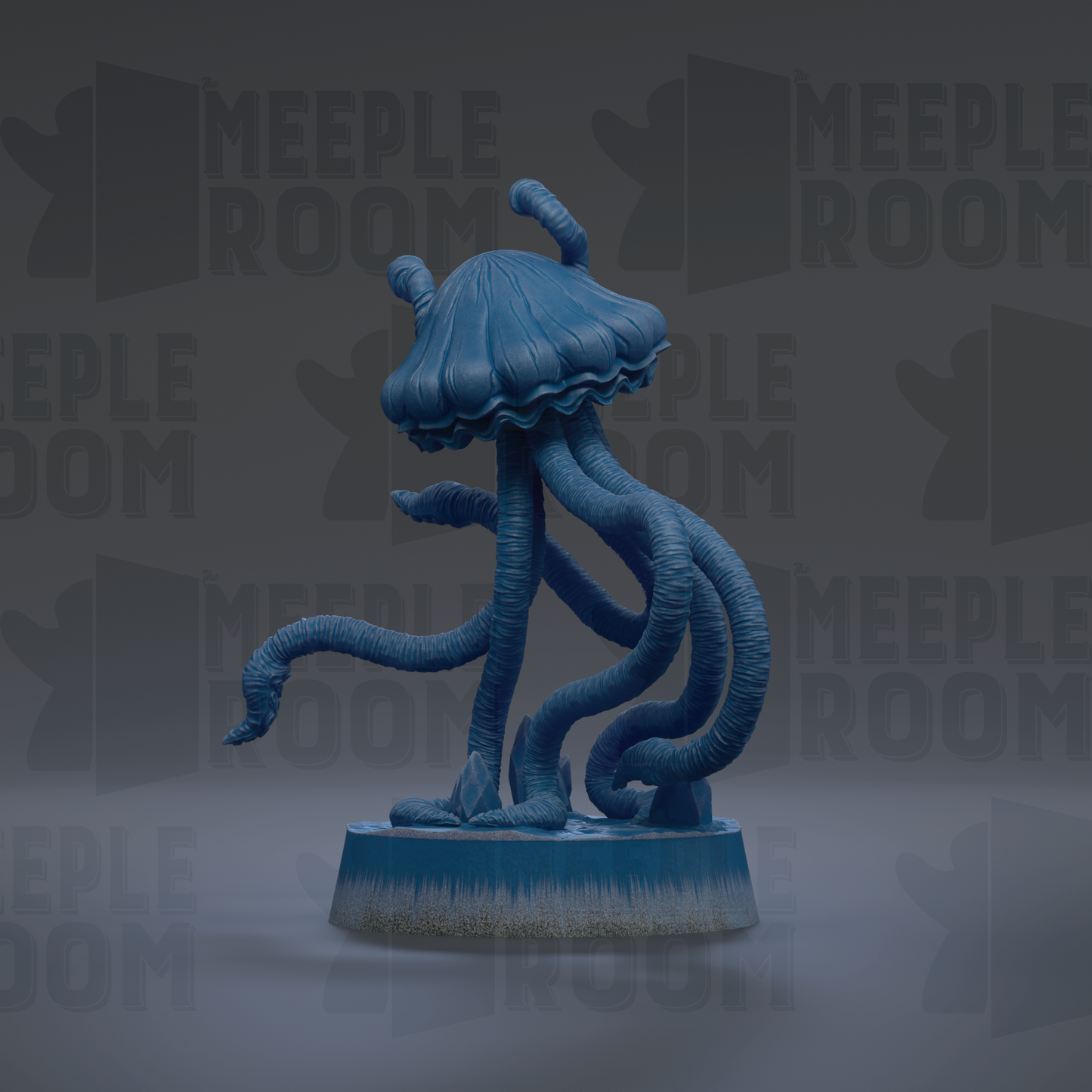 A blue, jellyfish-like creature with multiple tentacles is displayed on a blue base against a dark background with repeated text.