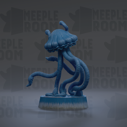 A blue, jellyfish-like creature with multiple tentacles is displayed on a blue base against a dark background with repeated text.