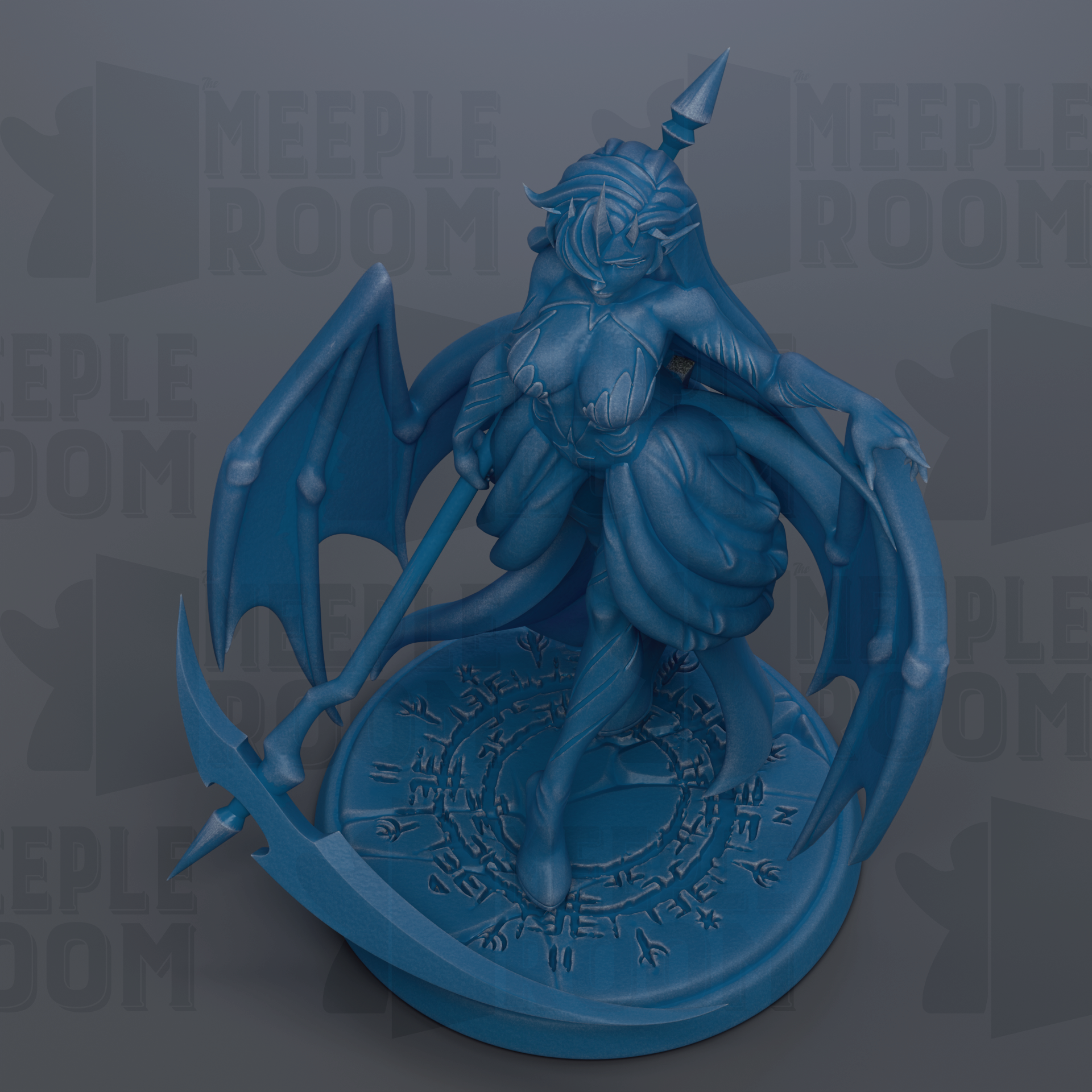 A blue, winged female character with a pointed hat and sword stands on a circular base with a spiral design.