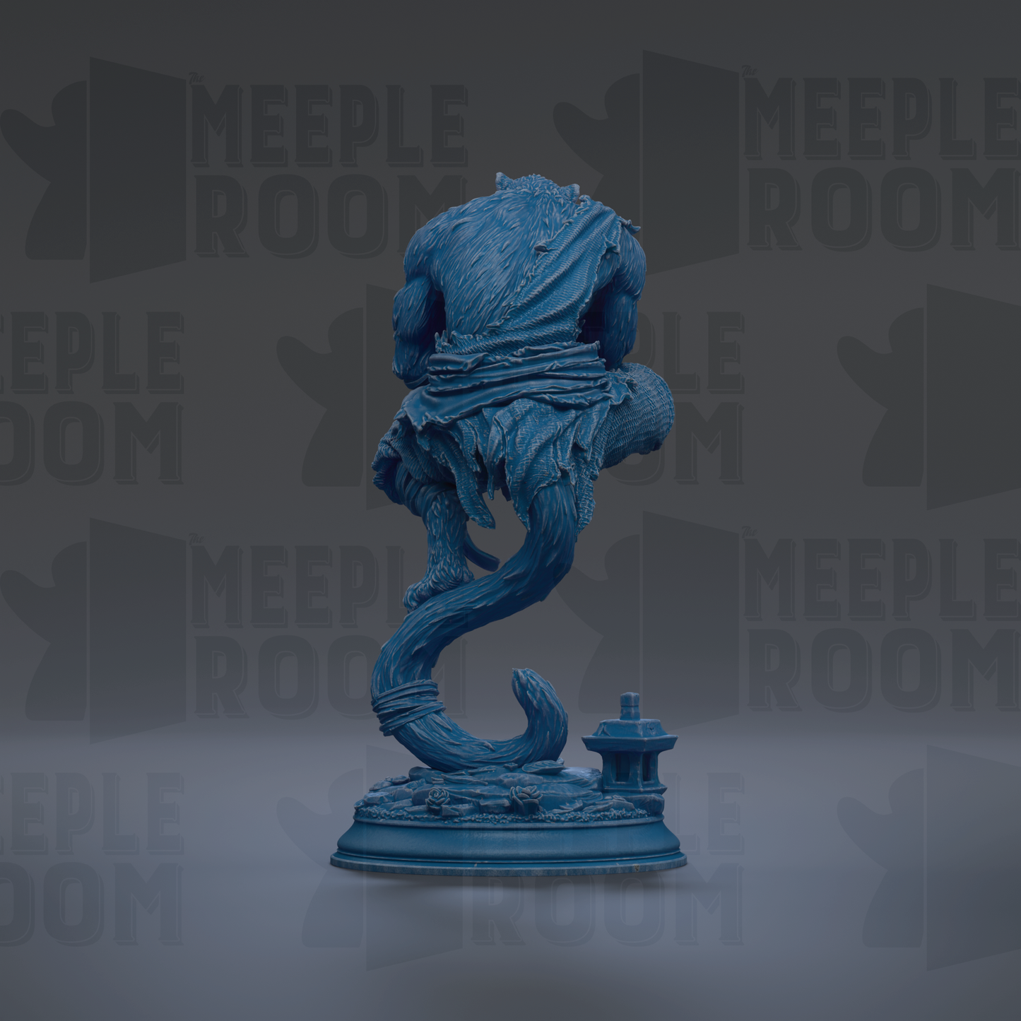 A blue statue of a mythical creature, possibly a dragon or serpent, standing on a pedestal against a dark background with repeated text.