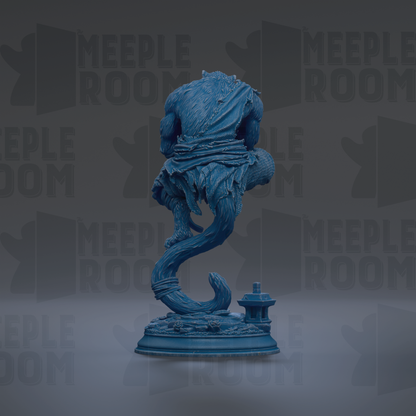 A blue statue of a mythical creature, possibly a dragon or serpent, standing on a pedestal against a dark background with repeated text.