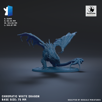 The image is a 3D rendering of a Chromatic White Dragon, a miniature figurine, with wings spread wide. The dragon is depicted in a dynamic pose, standing on a base that is described as being 7.5 millimeters in size. The image is a 3D rendering of the dragon, and it is not a collage of multiple images. The dragon is the main focus of the image, and it is shown in a detailed and realistic manner.