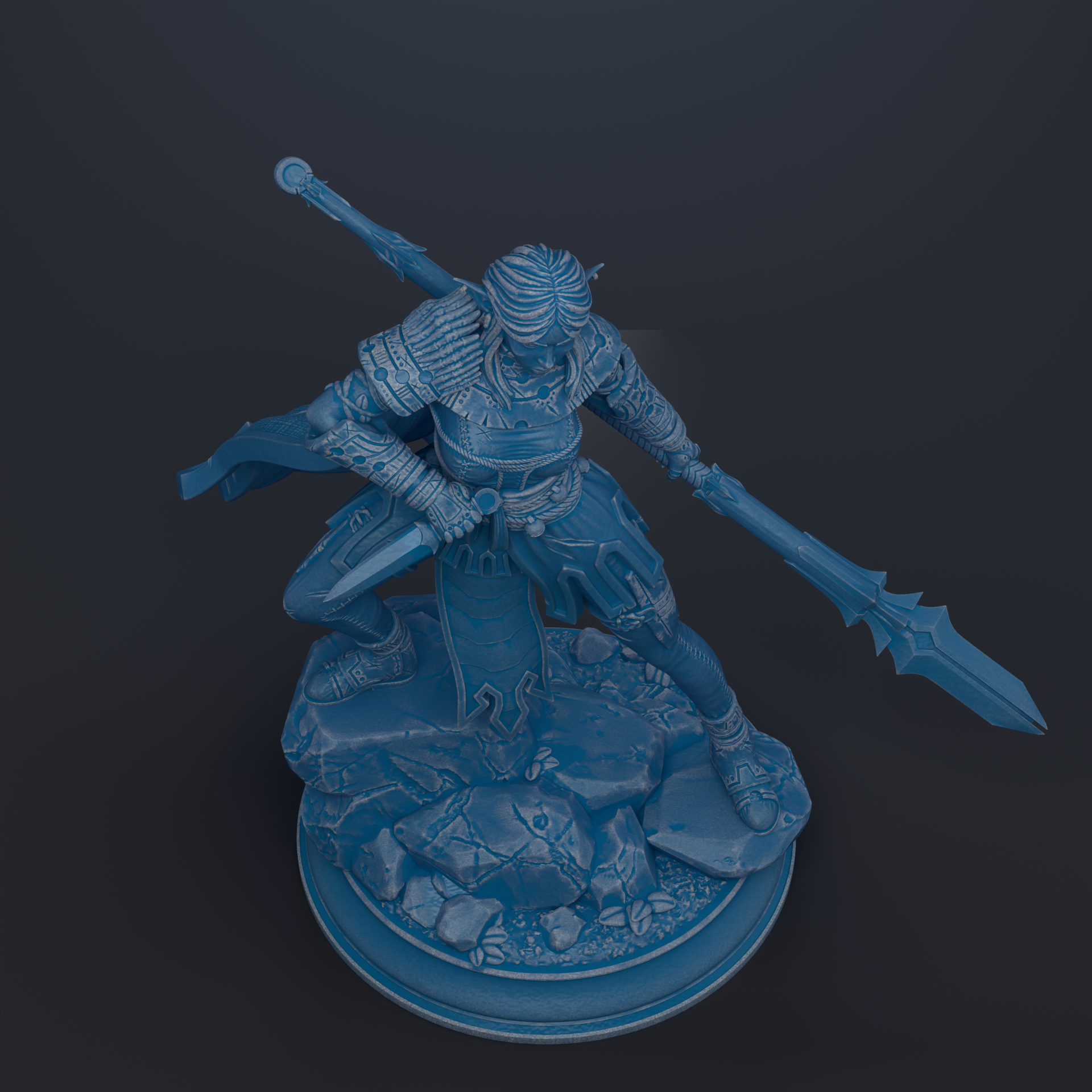 A blue 3D model of a warrior figure holding a sword and shield, standing on a rocky base.