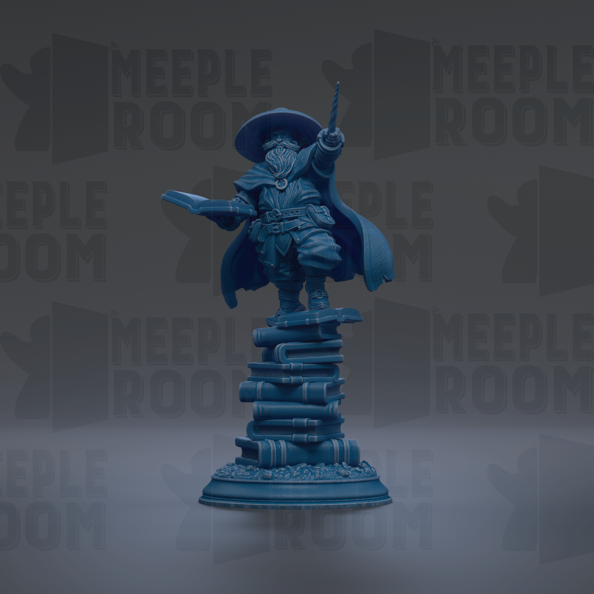 A blue statue of a wizard standing on a stack of books, with the text "MEUPLE ROOM" repeated in the background.