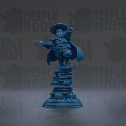 A blue statue of a wizard standing on a stack of books, with the text "MEUPLE ROOM" repeated in the background.