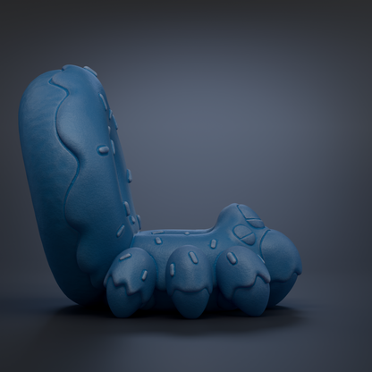 A 3D rendering of a blue, abstract, and whimsical object resembling a donut or a similar pastry-like shape.