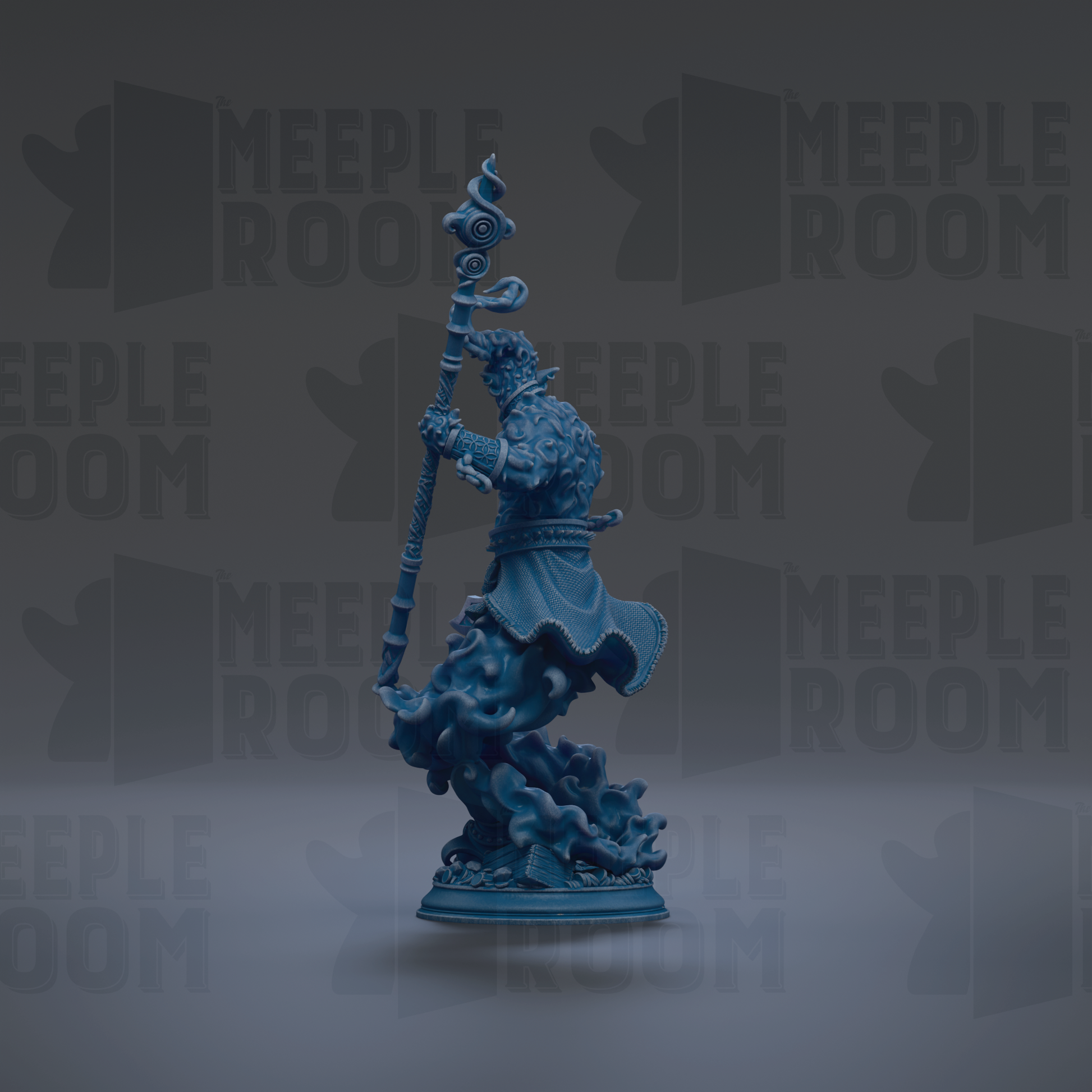 A blue figurine of a person holding a staff and standing on a pedestal against a dark background with repeated text.