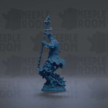 A blue figurine of a person holding a staff and standing on a pedestal against a dark background with repeated text.