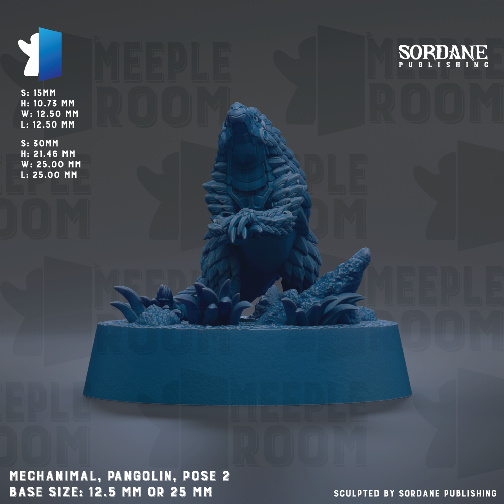 a mechanical pangolin, a type of lizard, posed on a blue base. The pangolin is shown in a crouched position, with its head resting on its front paws. The image is described as a mechanical pangolin pose, with a base size of either 12.5 mm or 25 mm. The image is published by Sordane Publishing.