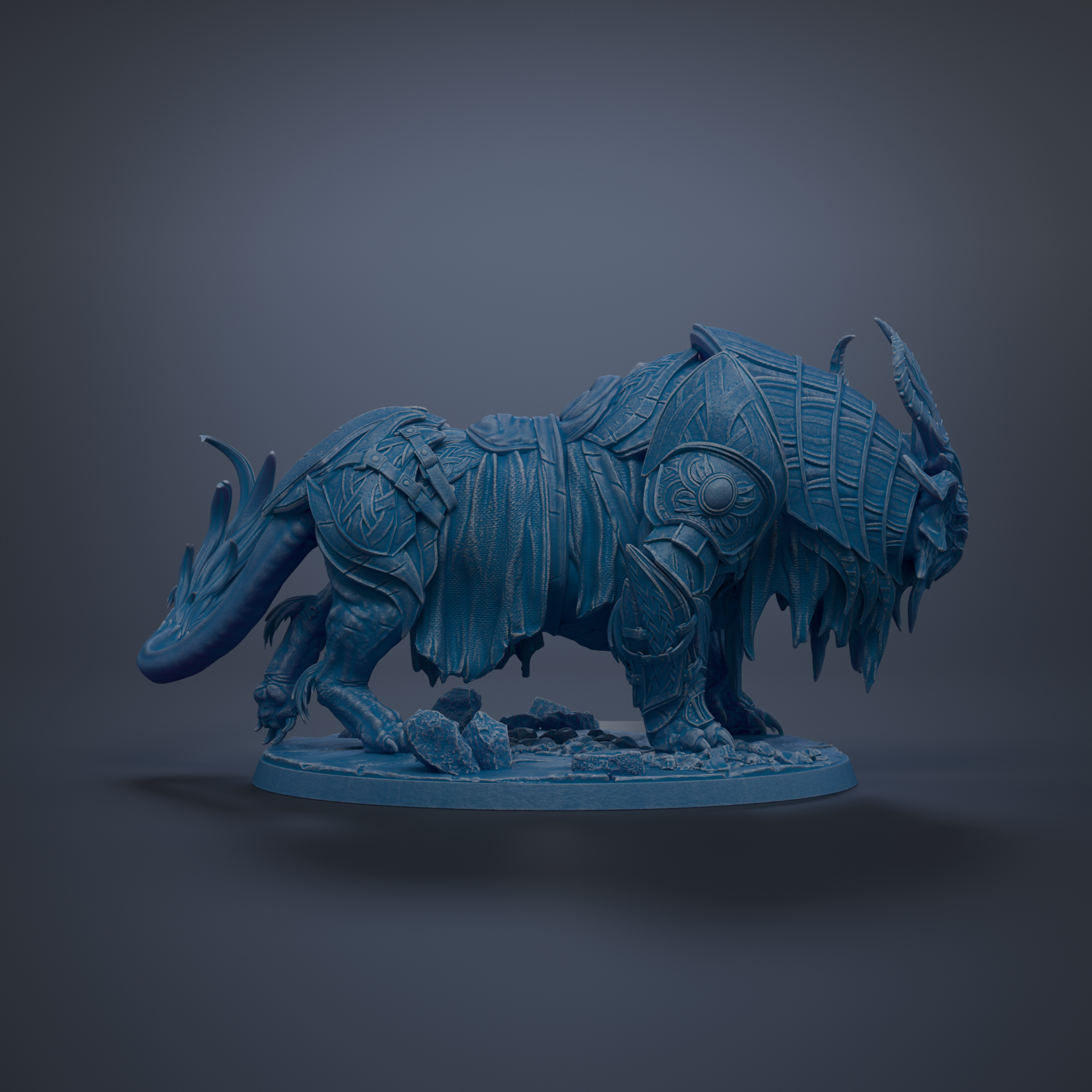 A blue, armored dragon figurine is depicted in a 3D rendering against a dark background.