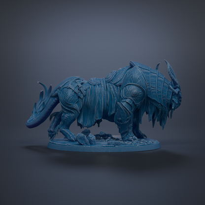 A blue, armored dragon figurine is depicted in a 3D rendering against a dark background.